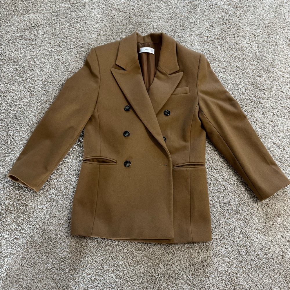 Mango Brown Double-Breasted Wool Blazer